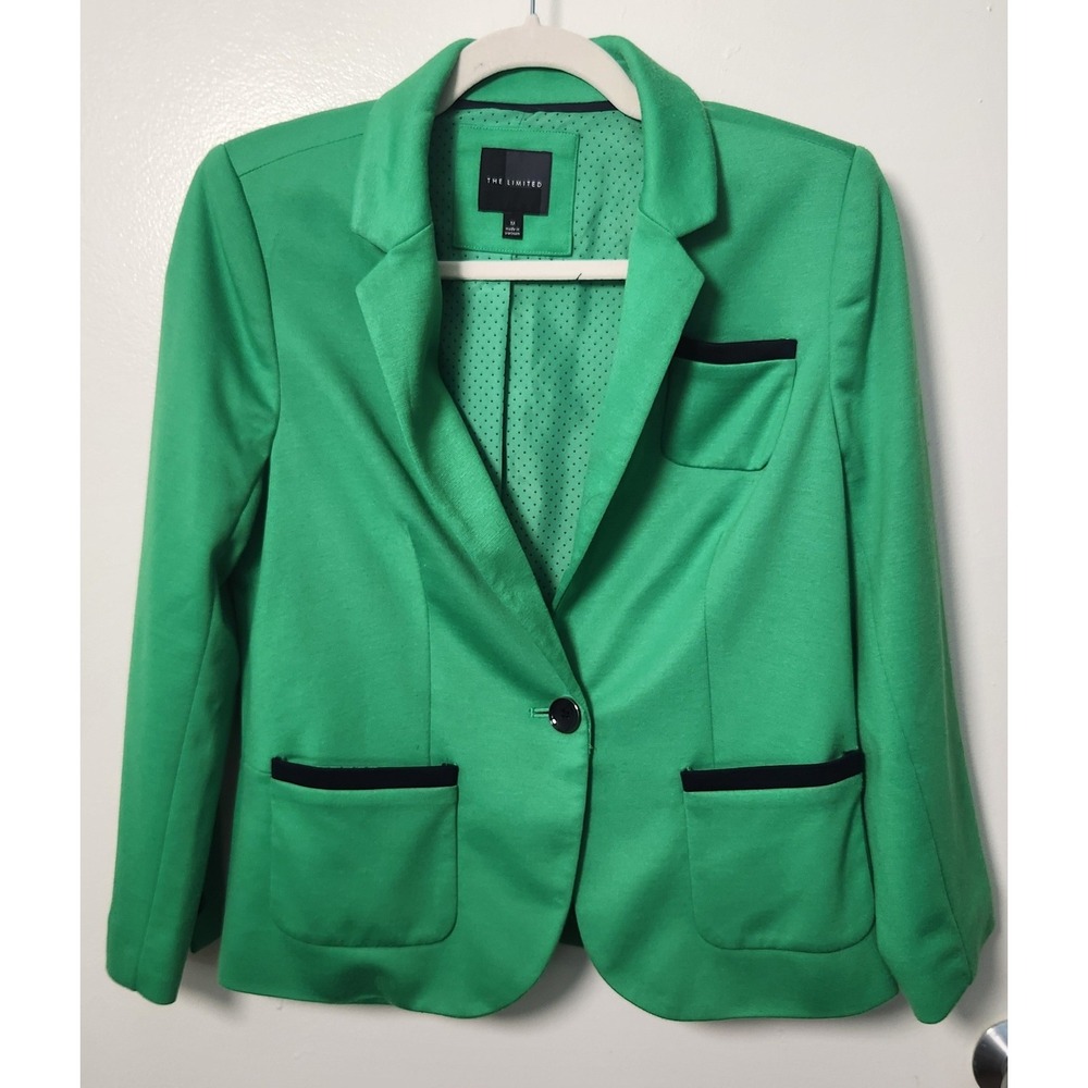 The Limited Green Blue Women's Knit Blazer Medium Polka Dot Lining 3/4 Sleeve